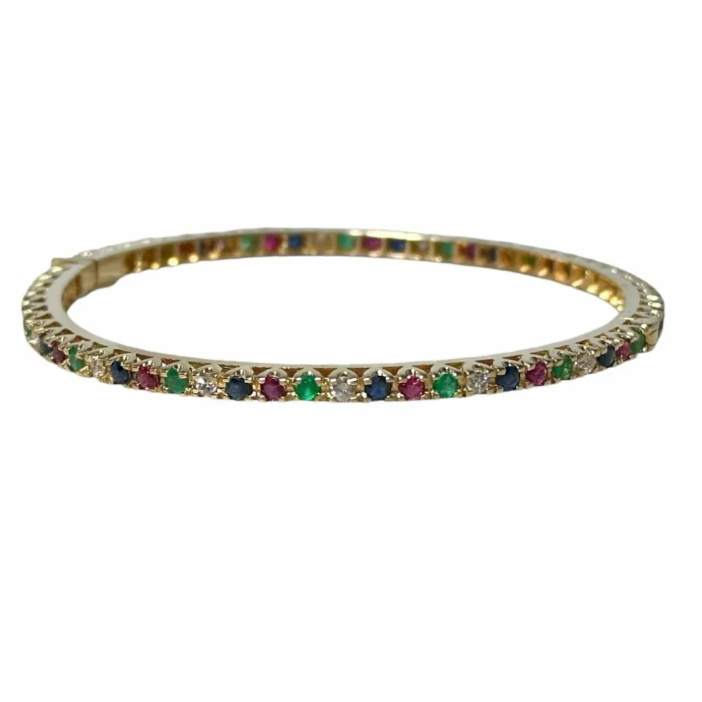Bracelet jonc or jaune, diamants, saphirs, rubis