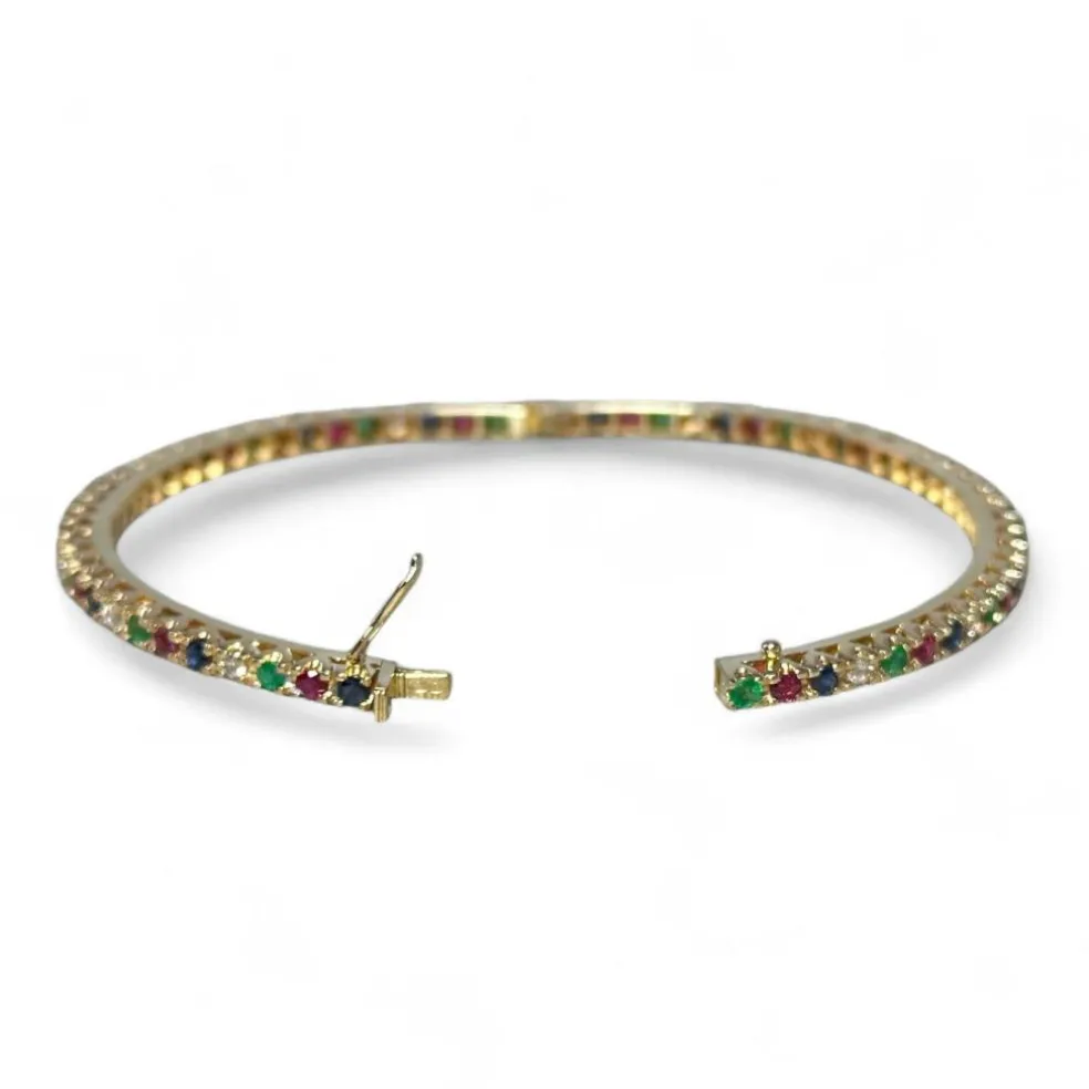 Bracelet jonc or jaune, diamants, saphirs, rubis