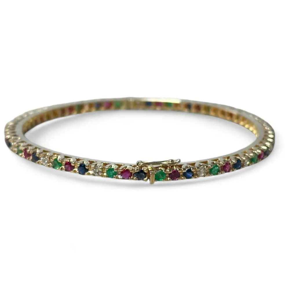 Bracelet jonc or jaune, diamants, saphirs, rubis
