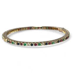 Bracelet jonc or jaune, diamants, saphirs, rubis