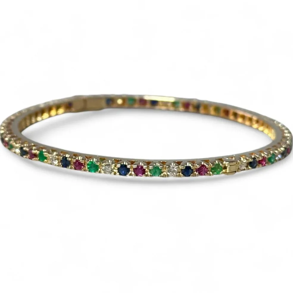 Bracelet jonc or jaune, diamants, saphirs, rubis