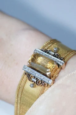 Bracelet manchette maille milanaise, diamants et citrine