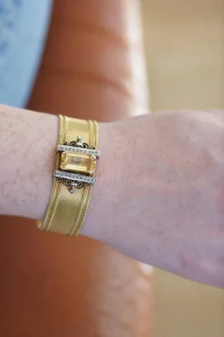 Bracelet manchette maille milanaise, diamants et citrine