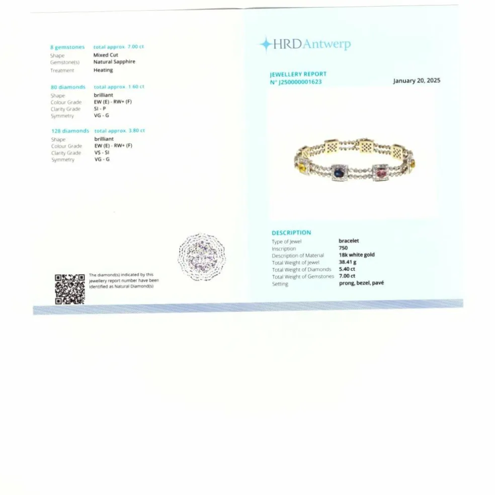 Bracelet or blanc saphirs diamants certifié HRD Anvers