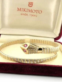 Bracelet rigide or jaune et blanc rubis et diamants