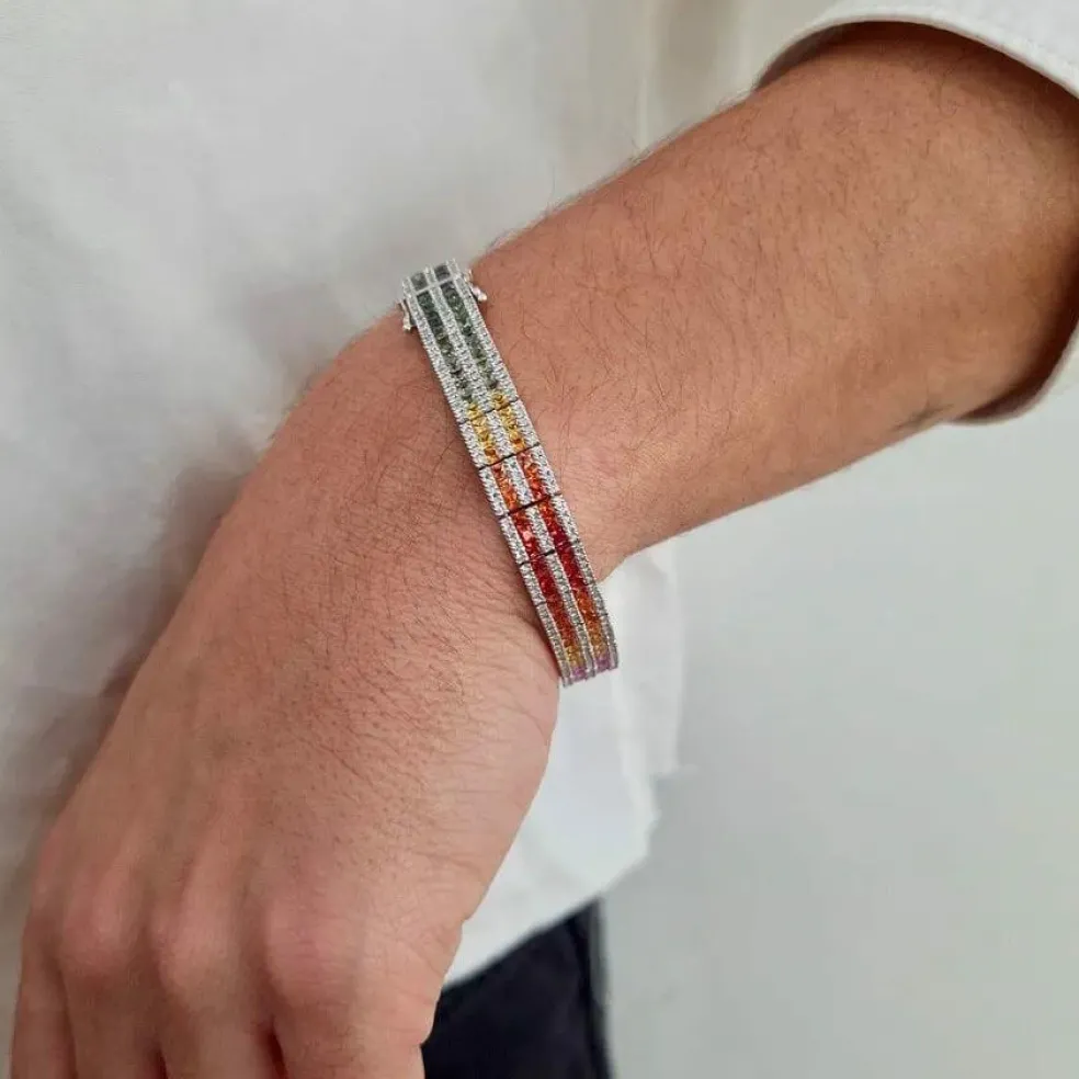 Bracelet rivière saphirs multicolores diamants or blanc