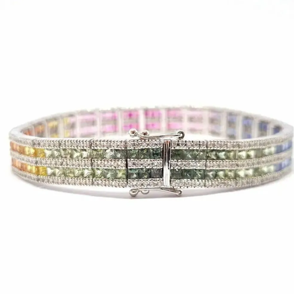 Bracelet rivière saphirs multicolores diamants or blanc