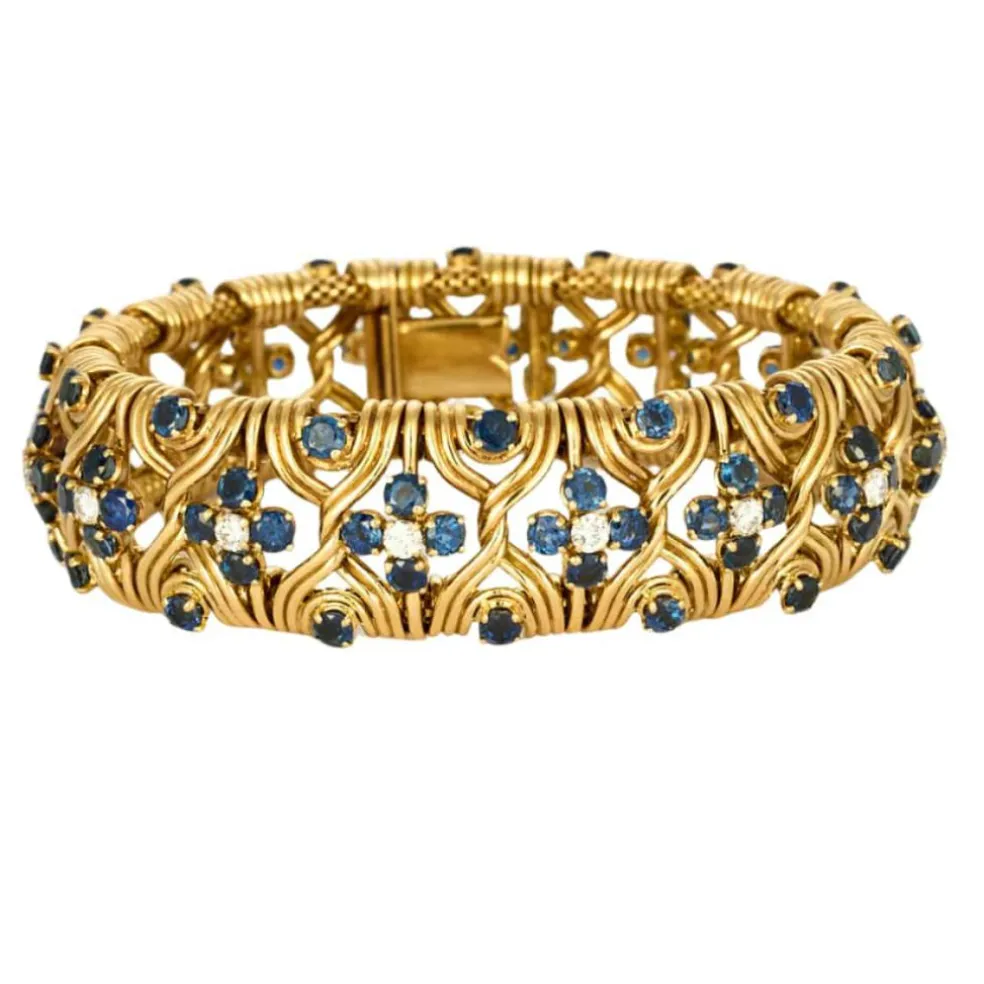 Bracelet souple or jaune, saphirs et diamants