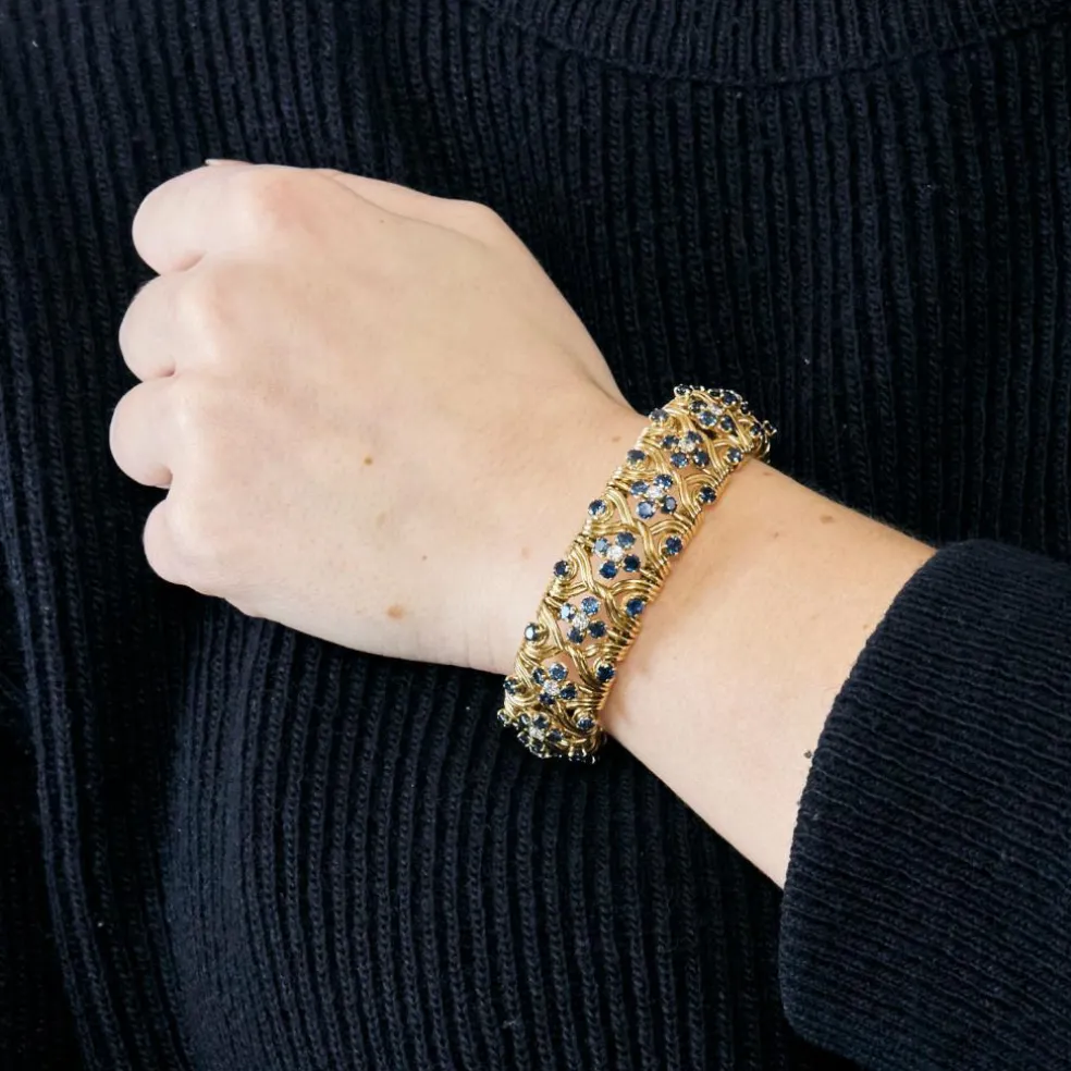 Bracelet souple or jaune, saphirs et diamants