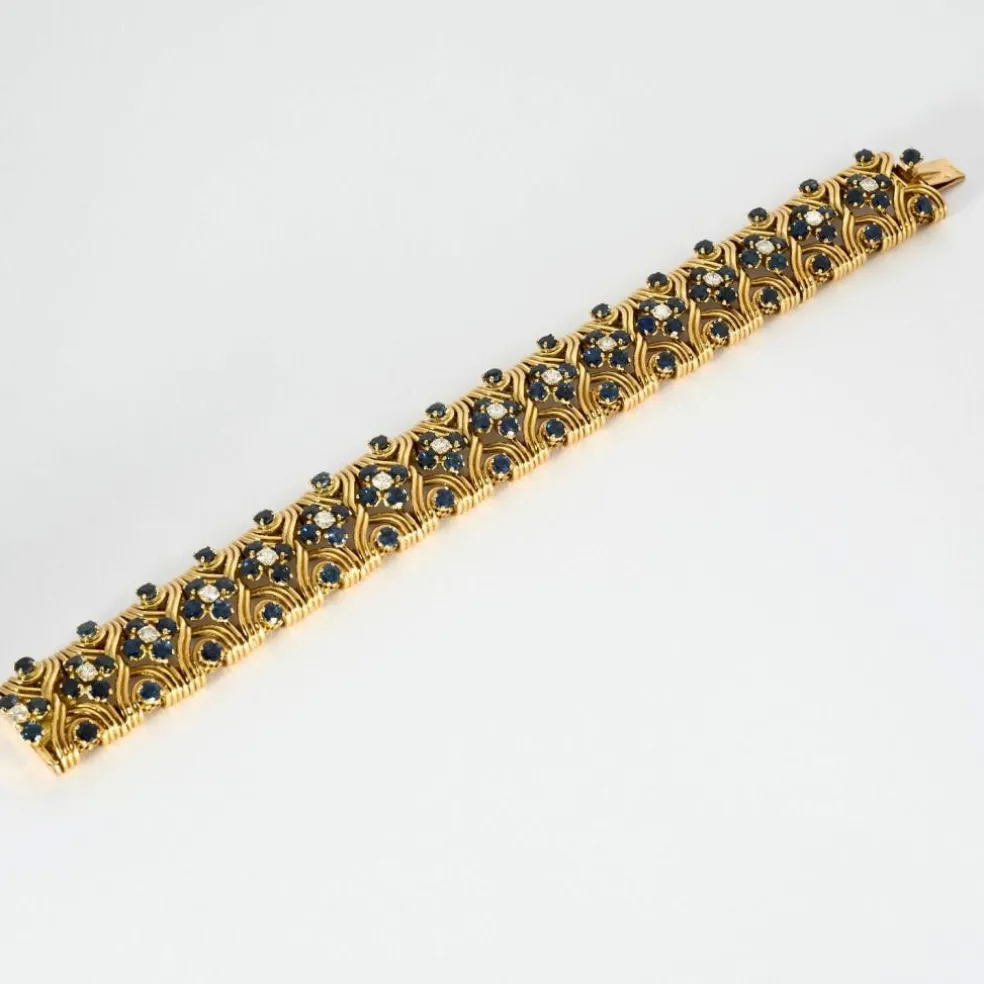 Bracelet souple or jaune, saphirs et diamants
