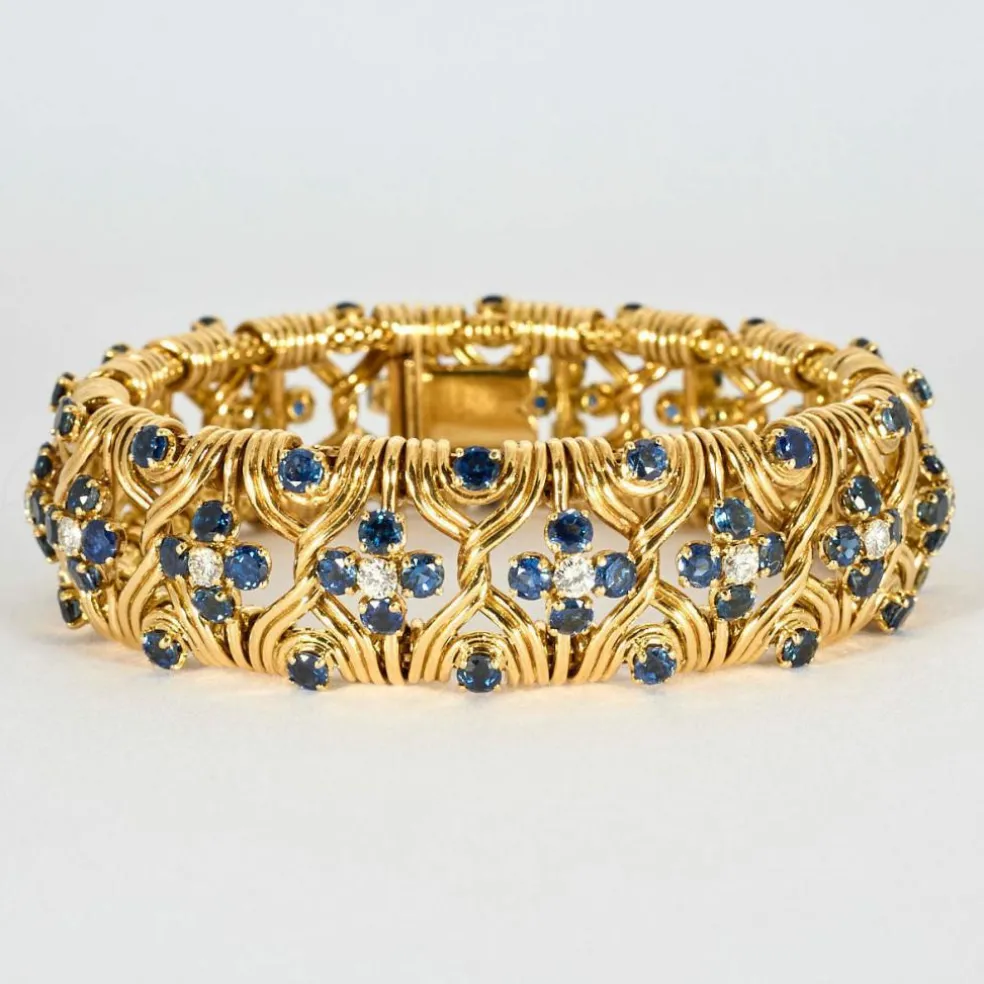 Bracelet souple or jaune, saphirs et diamants