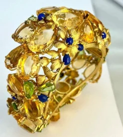 Bracelet Style americain, or jaunet citrines, péridots et lapis lazuli