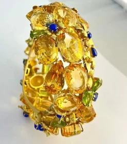 Bracelet Style americain, or jaunet citrines, péridots et lapis lazuli