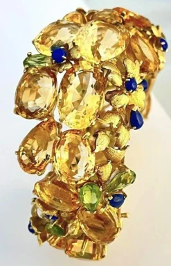Bracelet Style americain, or jaunet citrines, péridots et lapis lazuli