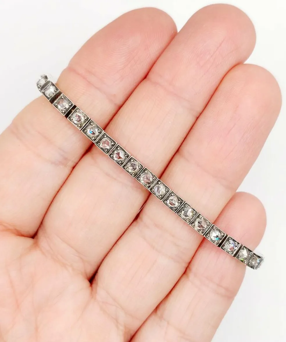 Bracelet tennis or jaune et argent, 3,00 cts diamant taille rose (circa 1900)