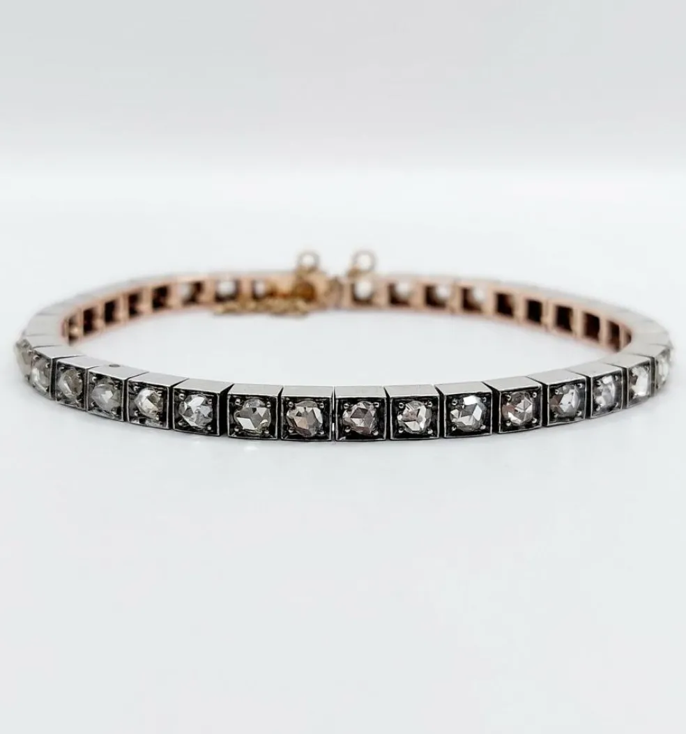 Bracelet tennis or jaune et argent, 3,00 cts diamant taille rose (circa 1900)