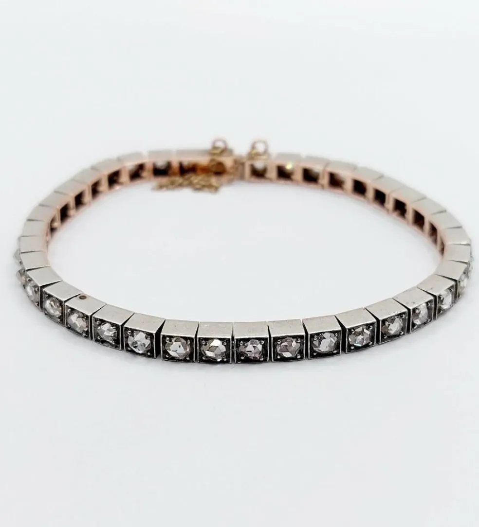 Bracelet tennis or jaune et argent, 3,00 cts diamant taille rose (circa 1900)