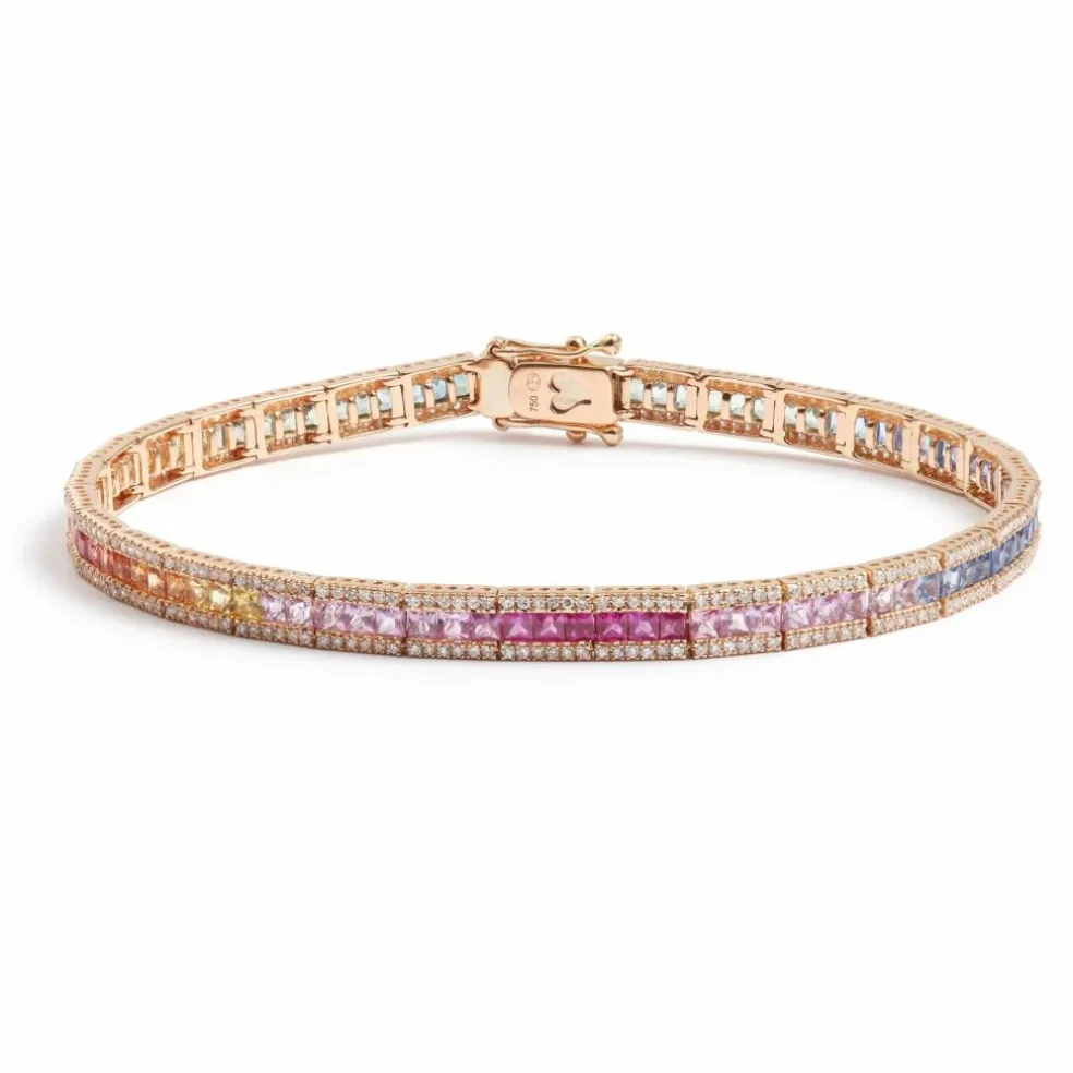 Bracelet Tennis Saphirs Arc-En-Ciel & Diamants Or Rose