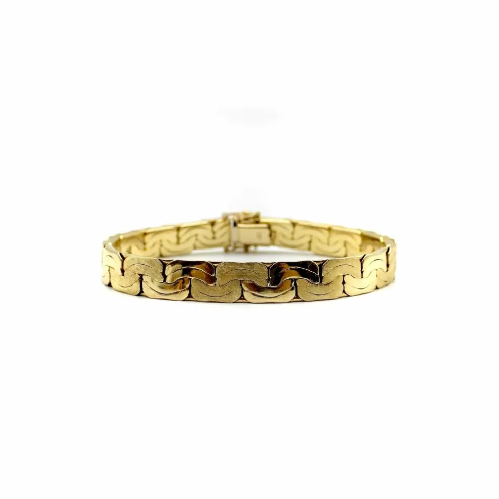 Bracelet vintage à maillons plats tissés en or 14 carats avec finition florentine alternée