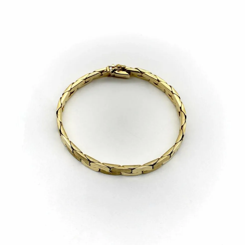 Bracelet vintage à maillons plats tissés en or 14 carats avec finition florentine alternée