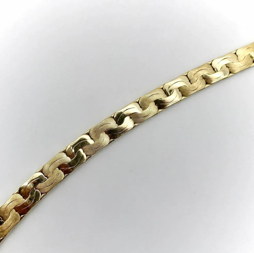 Bracelet vintage à maillons plats tissés en or 14 carats avec finition florentine alternée