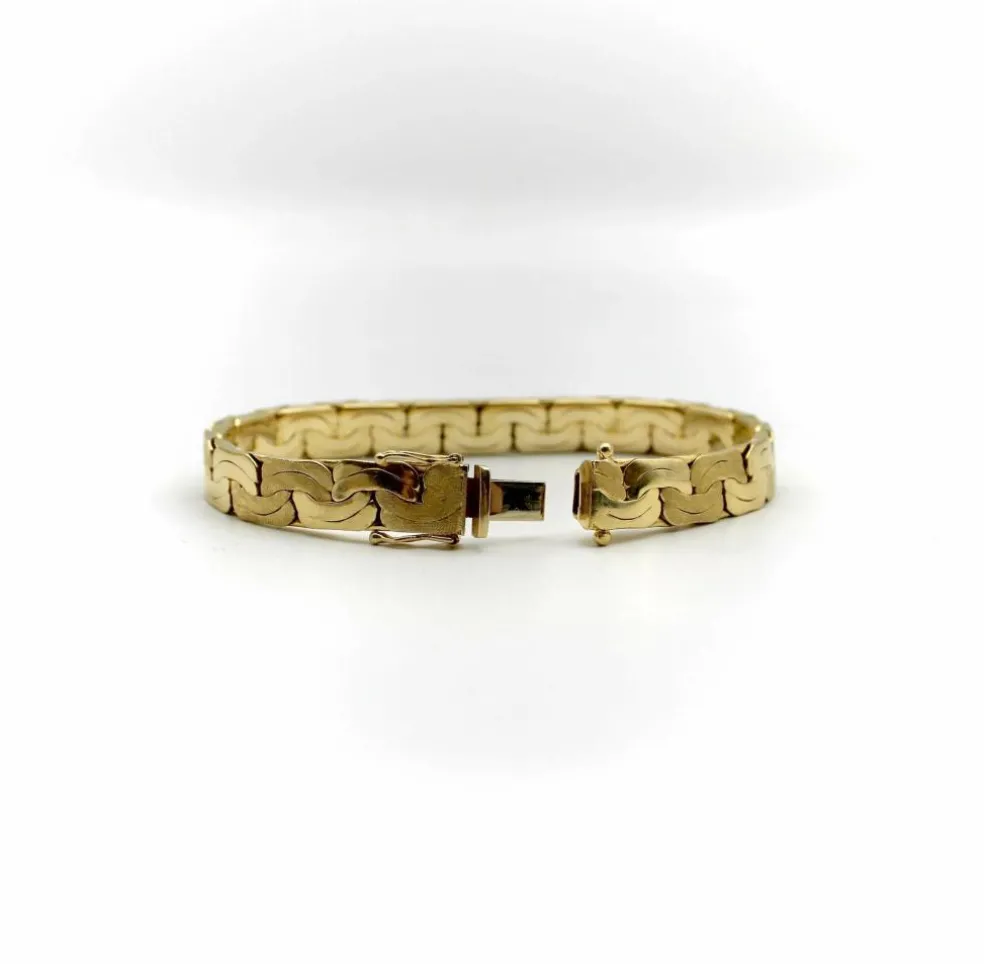 Bracelet vintage à maillons plats tissés en or 14 carats avec finition florentine alternée