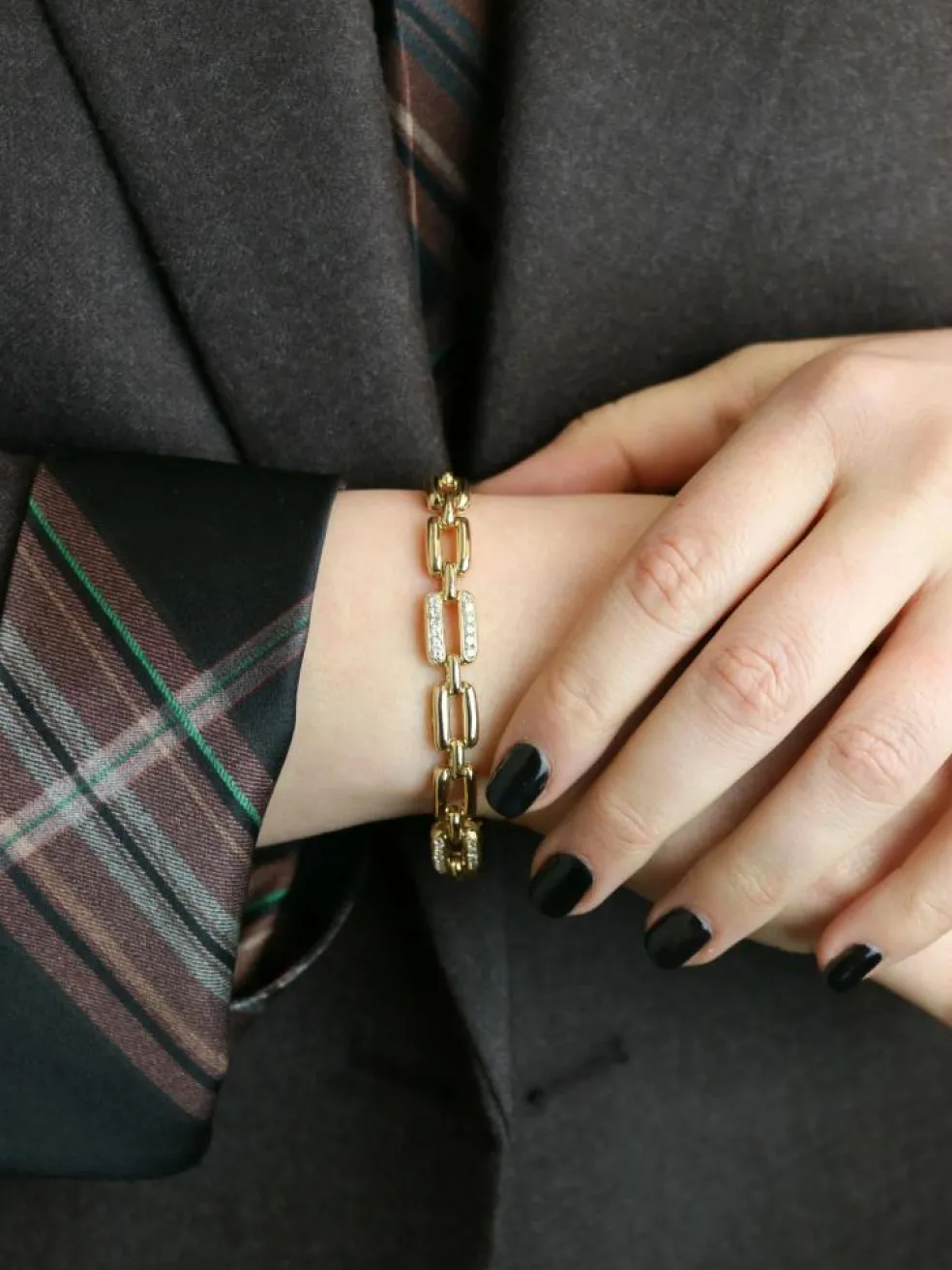Bracelet vintage maille rectangle or jaune diamants