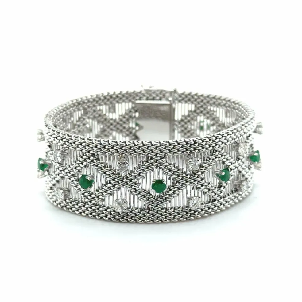 Bracelet vintage or blanc - Diamants et émeraudes