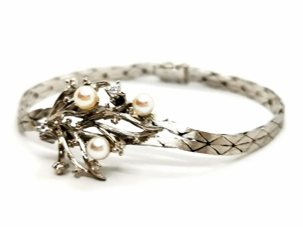 Bracelet Vintage Or blanc Diamant, Perle