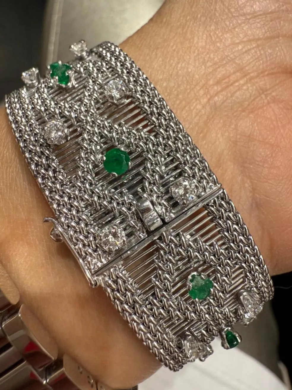 Bracelet vintage or blanc - Diamants et émeraudes