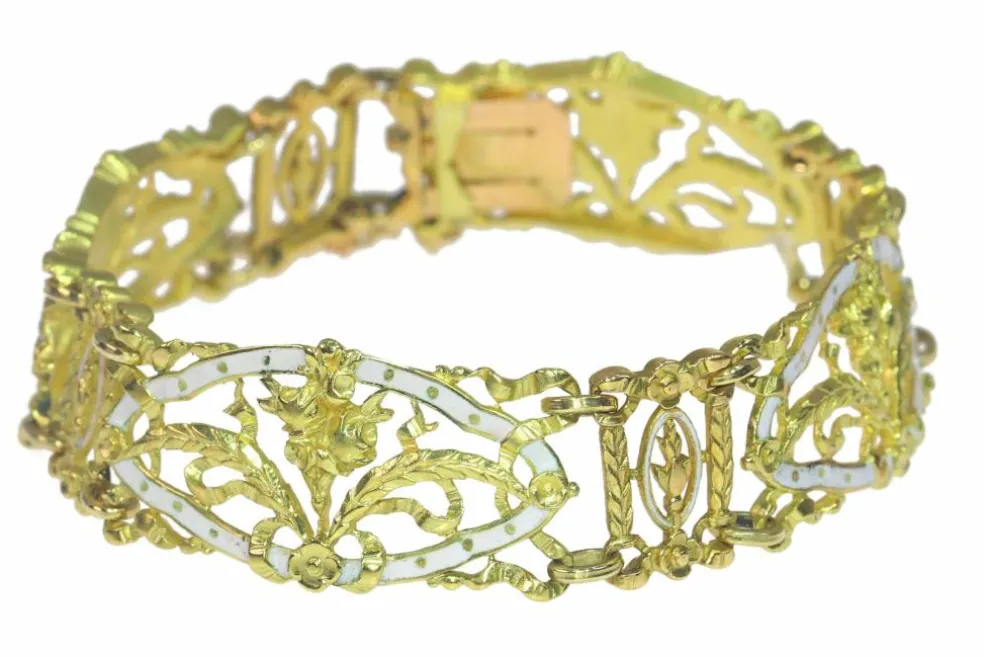 Bracelet vintage or émail blanc attribué à Lucien Gautrait