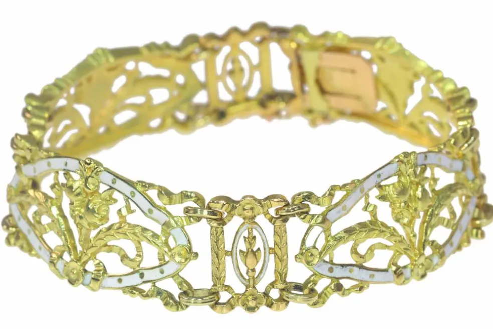 Bracelet vintage or émail blanc attribué à Lucien Gautrait
