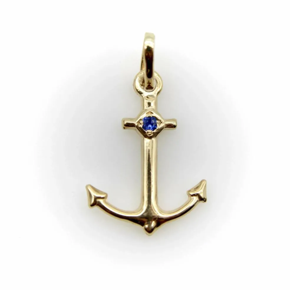 Breloque ancre signature en or 14 carats avec saphir