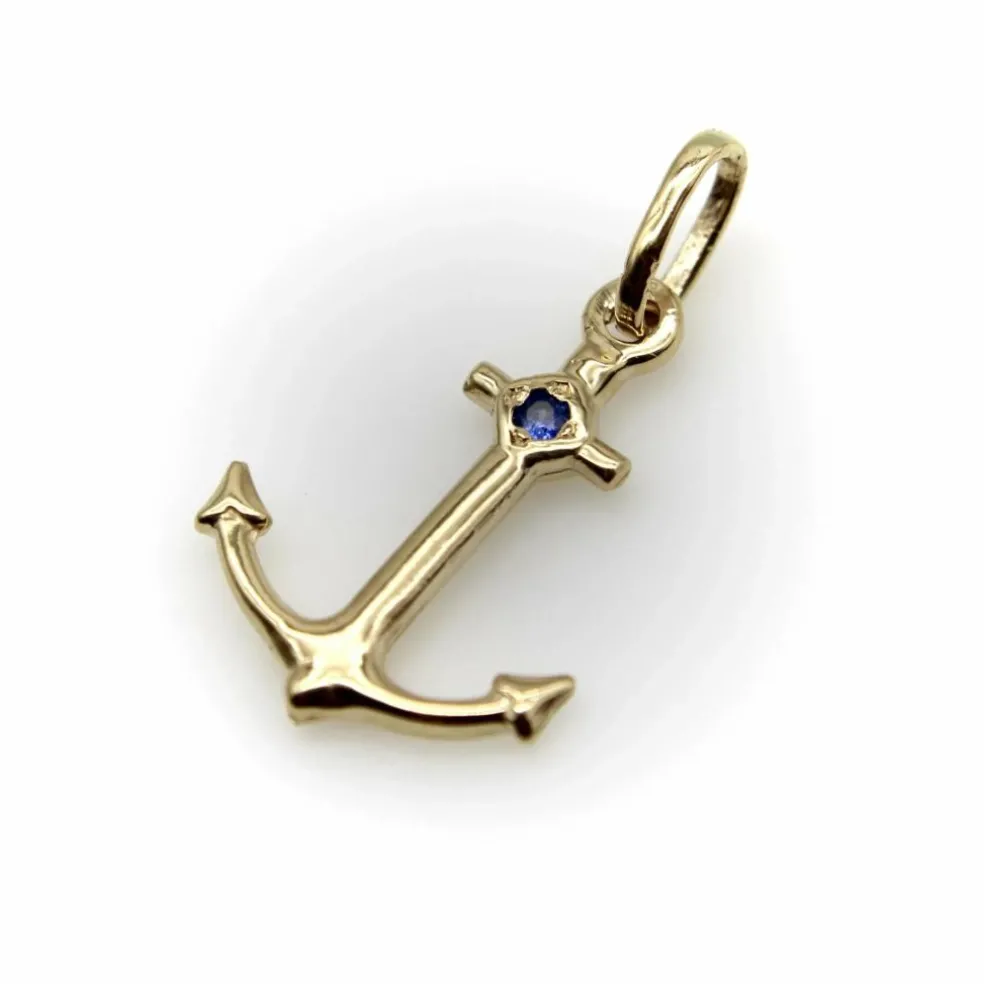Breloque ancre signature en or 14 carats avec saphir