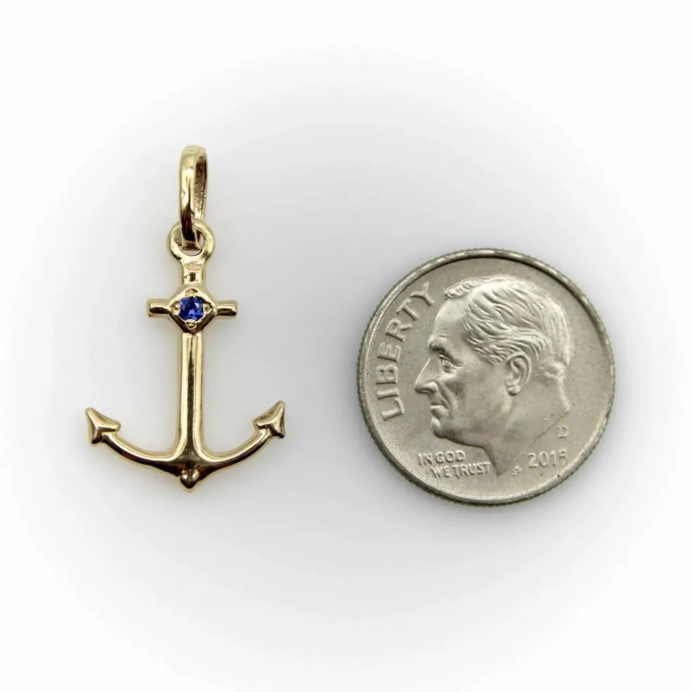 Breloque ancre signature en or 14 carats avec saphir