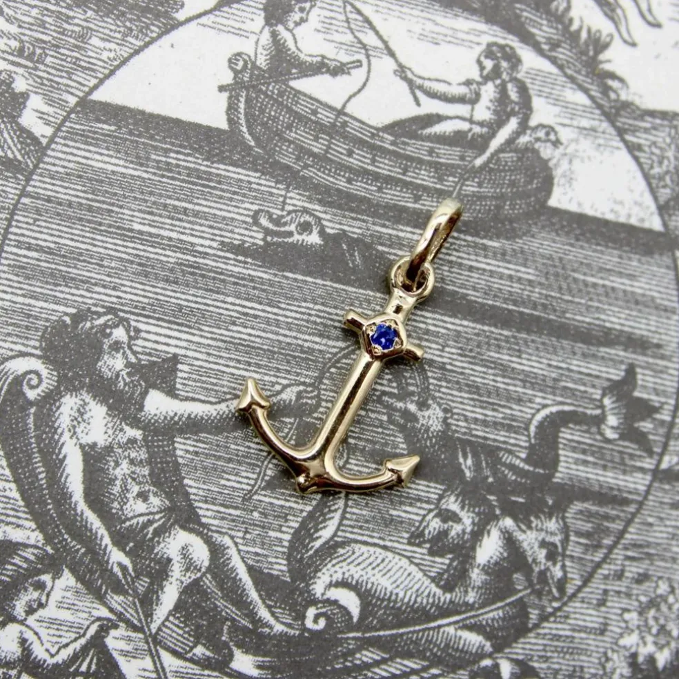 Breloque ancre signature en or 14 carats avec saphir