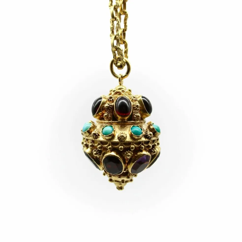 Breloque lanterne vintage extra large en or 18 carats de style étrusque avec pierres incrustées