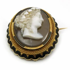 Broche - Or, Camée Agate, Email