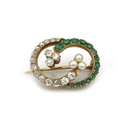 Broche - Or, Emeraudes, Diamants & Perles