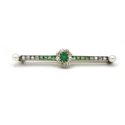 Broche - Or jaune Argent Diamants & Emeraudes