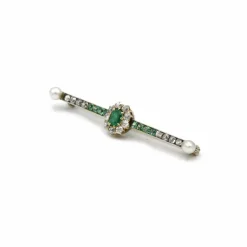 Broche - Or jaune Argent Diamants & Emeraudes