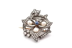 Broche 1900 or jaune et blanc perles fines, saphir et diamants