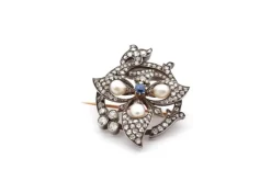 Broche 1900 or jaune et blanc perles fines, saphir et diamants