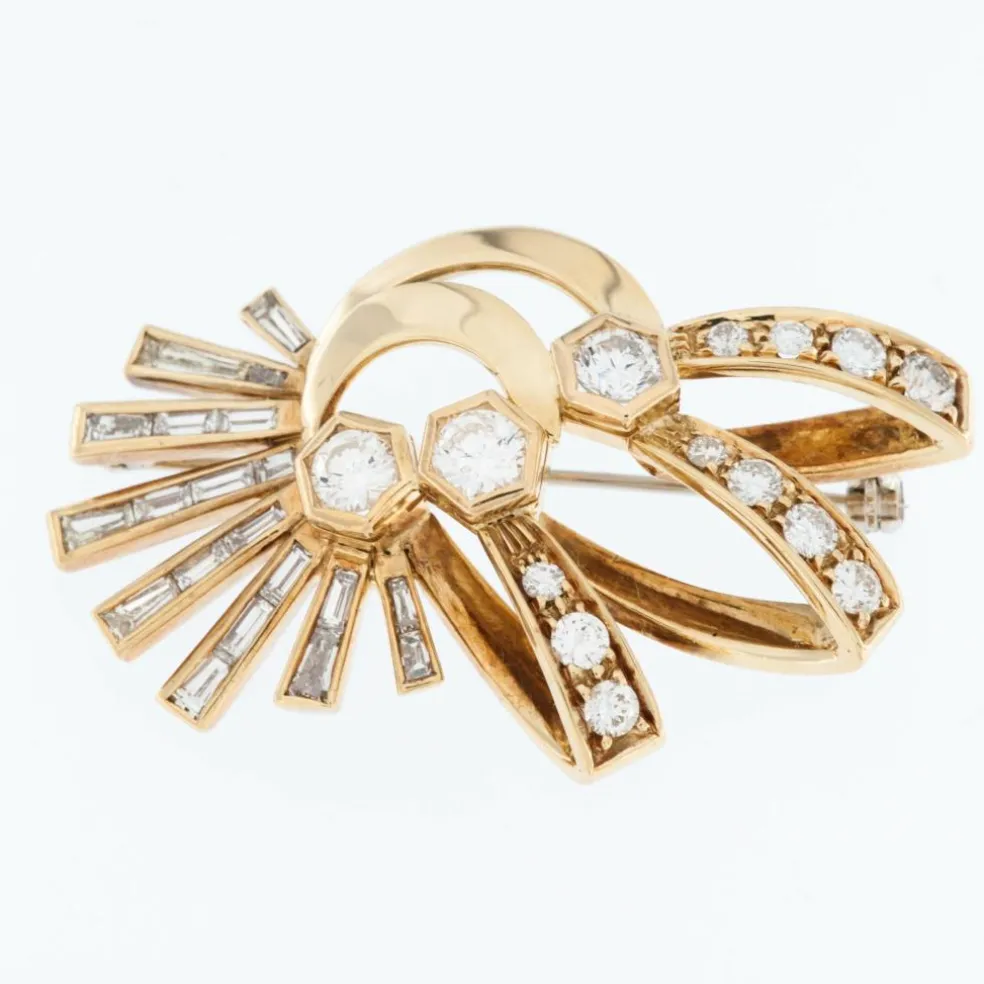 Broche ancienne en or jaune et diamants certificat HRD