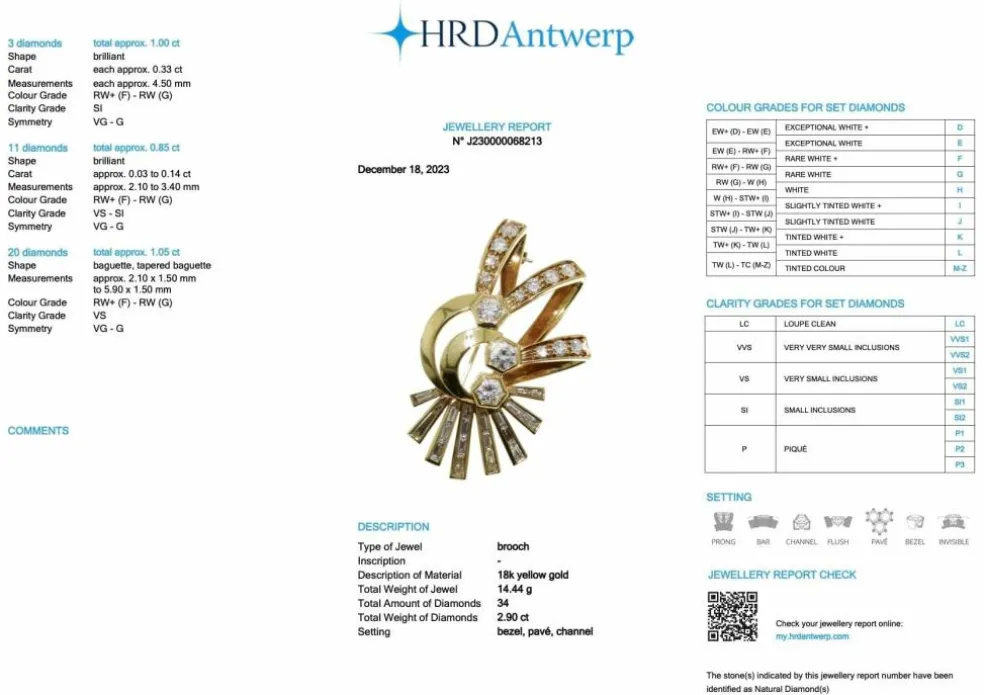 Broche ancienne en or jaune et diamants certificat HRD