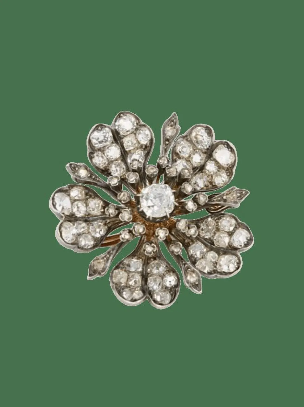 Broche ancienne fleur or argent diamants taille ancienne