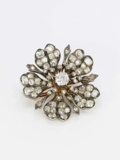 Broche ancienne fleur or argent diamants taille ancienne