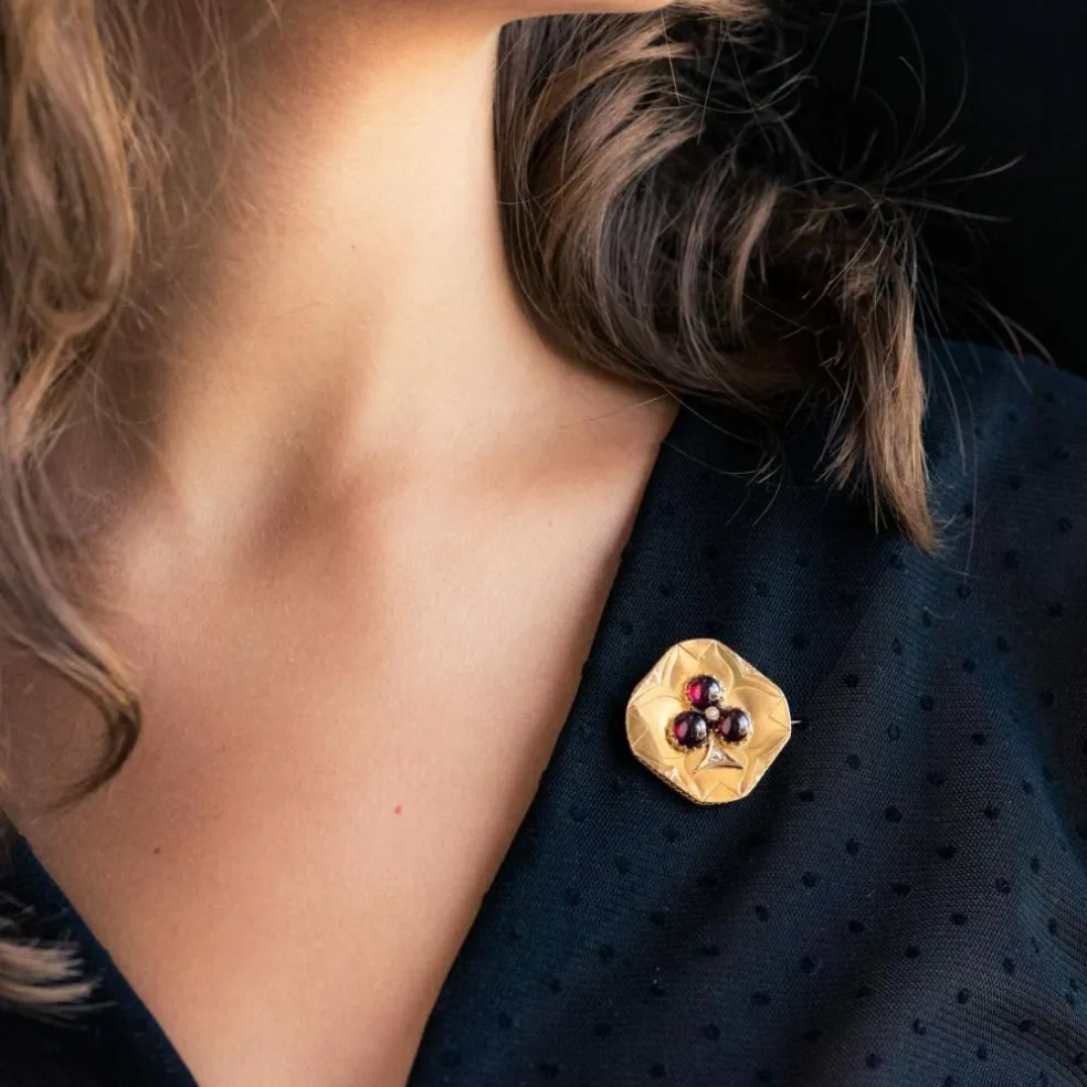 Broche ancienne grenats cabochons et diamants