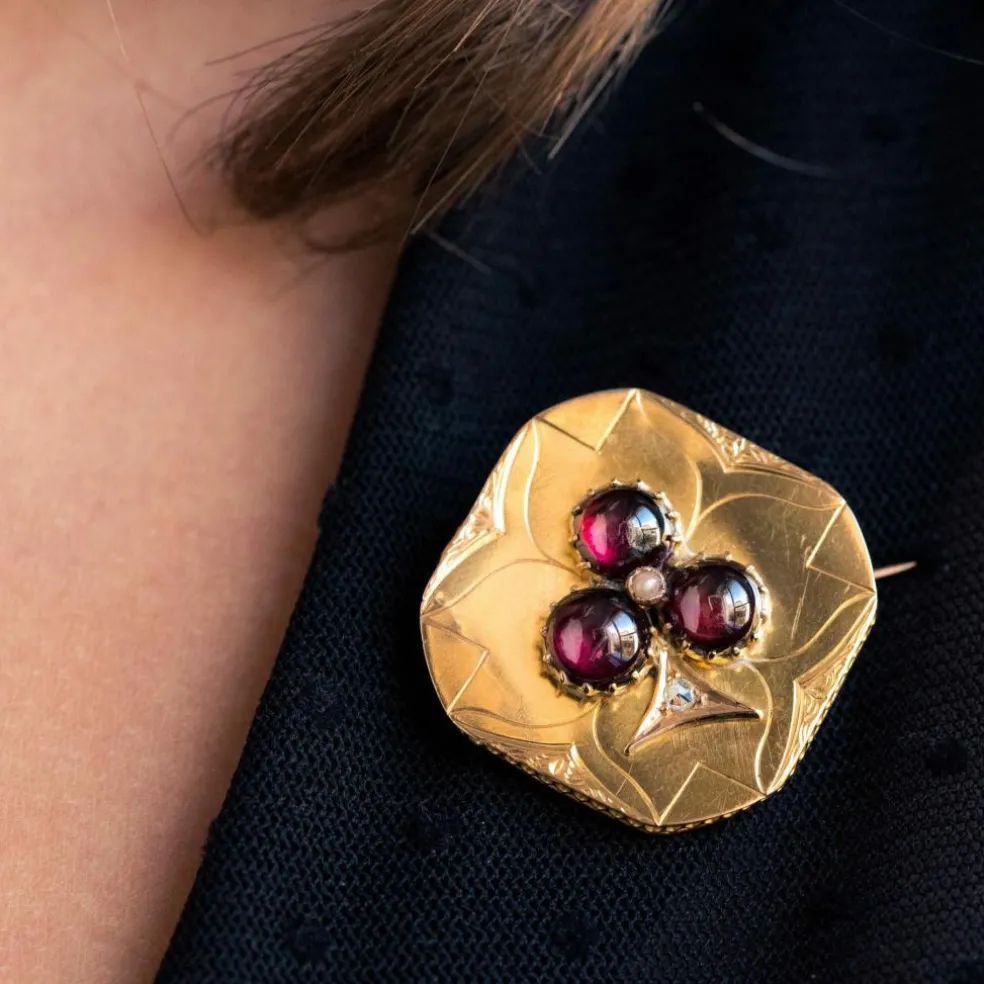 Broche ancienne grenats cabochons et diamants