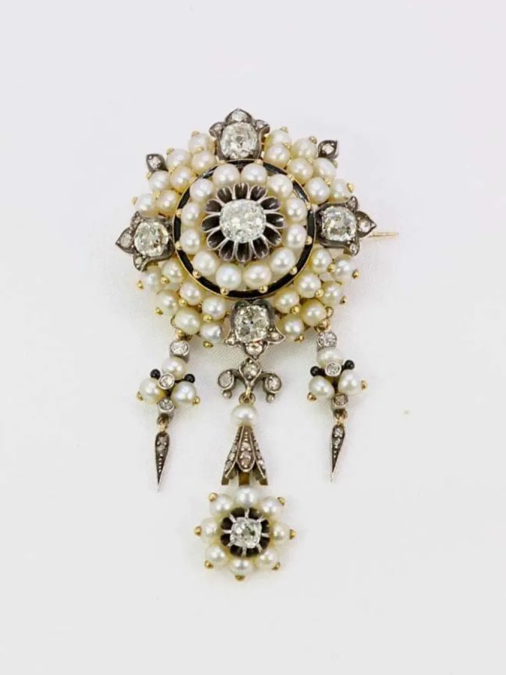 Broche ancienne guirlande or argent perles fines diamants taille ancienne